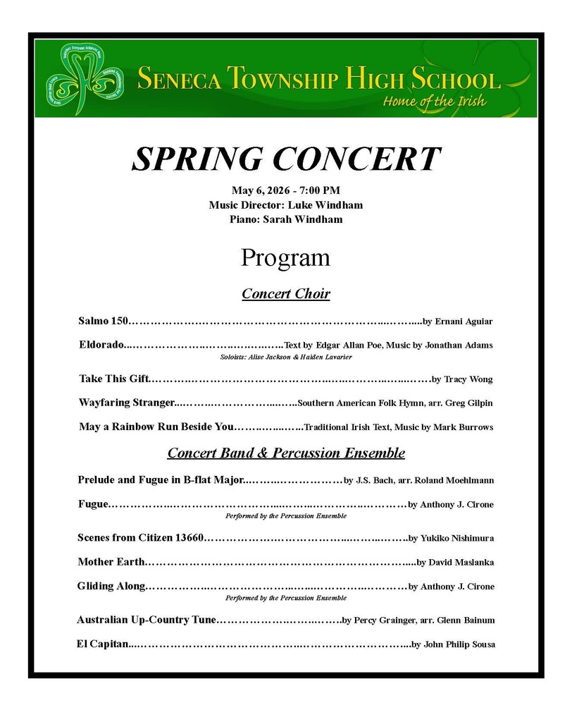 The SHS Choir, Band, and Percussion Ensemble will present their Spring Concert on Wednesday, May 6, at 7:00 p.m. in the SHS Auditorium.