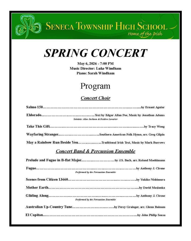 The SHS Choir, Band, and Percussion Ensemble will present their Spring Concert tonight at 7:00 PM in the SHS Auditorium.