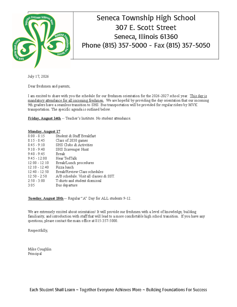 Check out the agenda for Freshmen Orientation on Monday, August 17th.