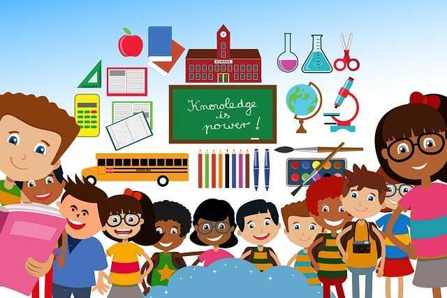 Cartoon image of students and school related items