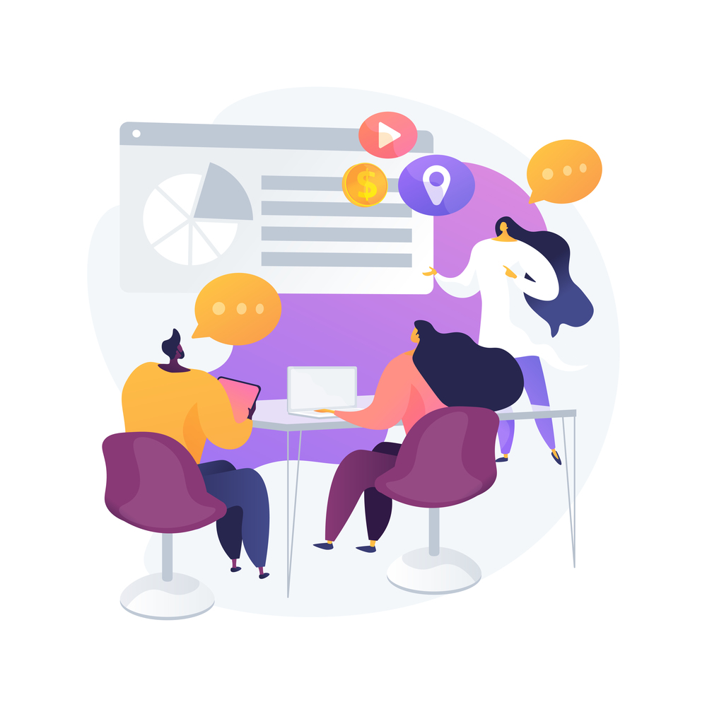 Drawn image of three people talking and discussing ideas