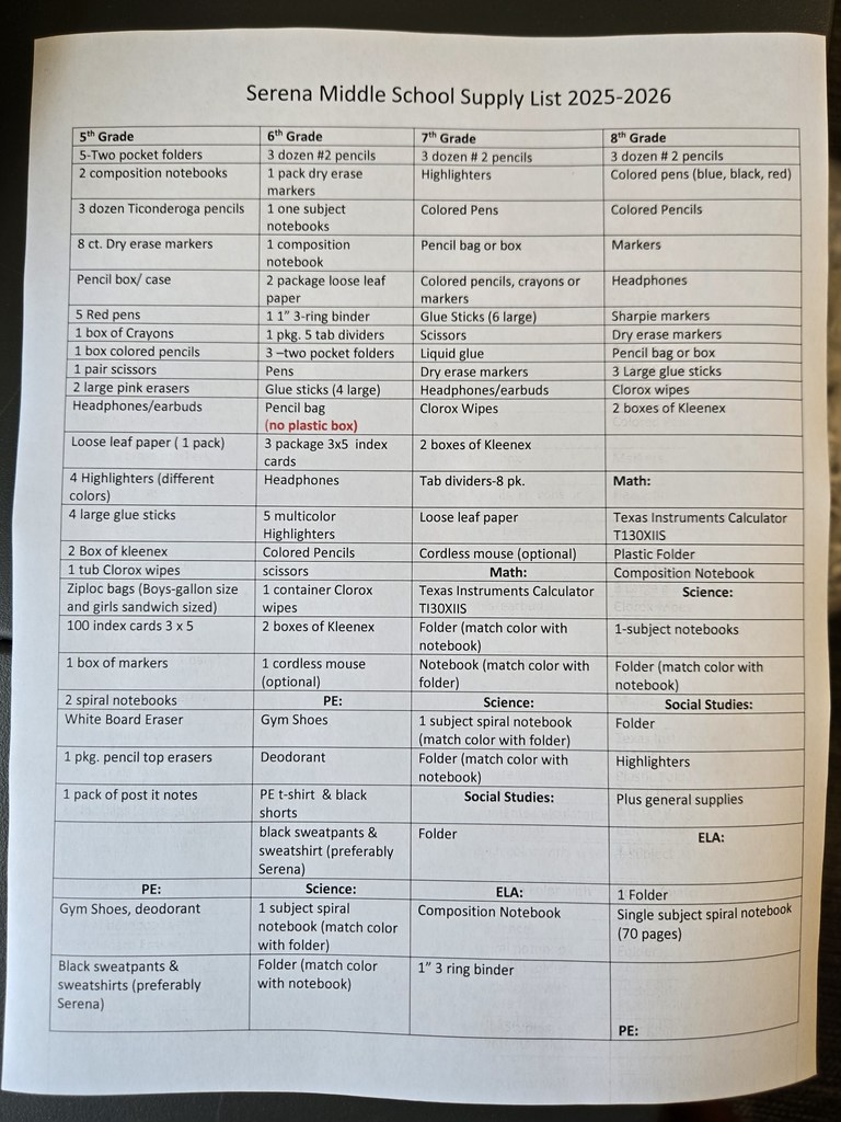 Scool supply list 1