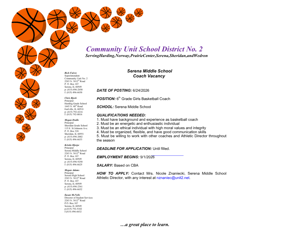 6th Girls Basketball Coach Posting with basketball border
