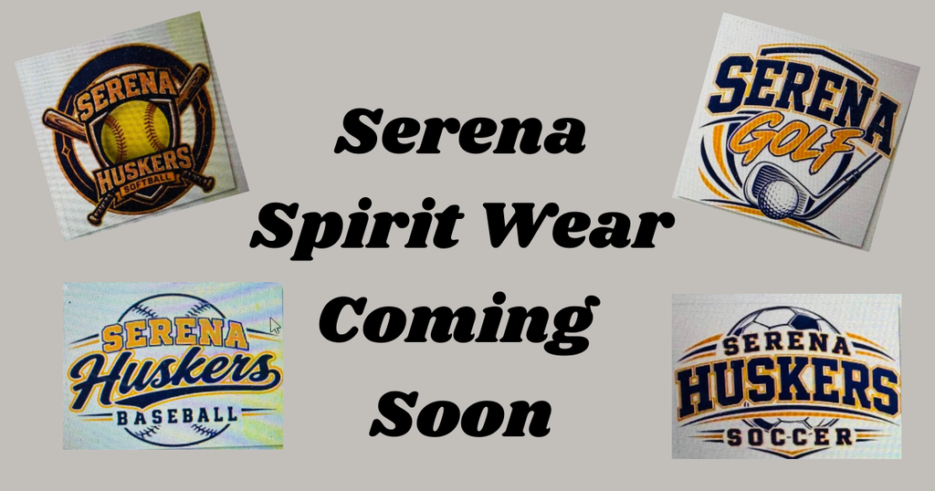 Logos for spirit wear apparel for softball, baseball, golf and soccer on grey background.