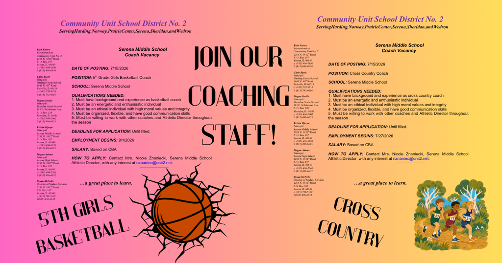 Serena Middle School open coach position for 5th Girls Basketball and Cross Country.