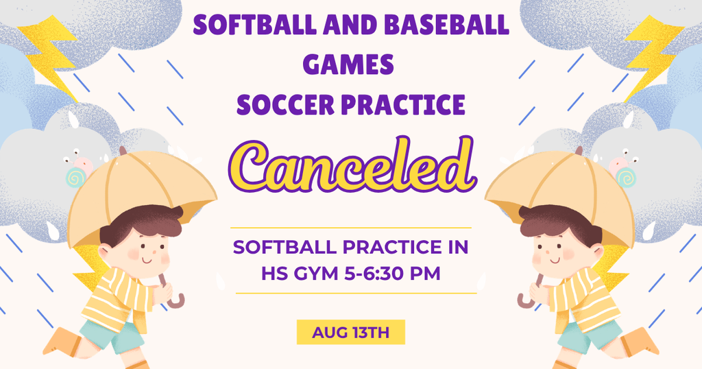 rain background cancelling sport games and soccer practice. Softball practice in HS gym 5-6:30