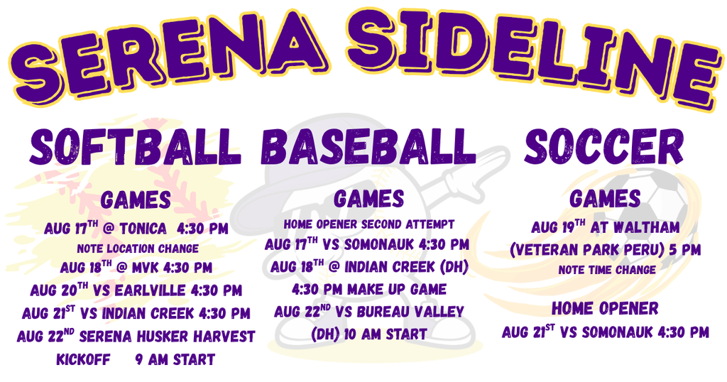 Week of Aug 16th sport schedule updates for with Softball, Baseball and Soccerball backgrounds