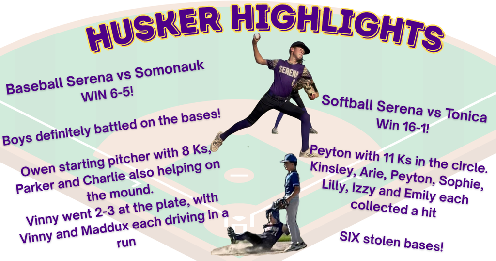 Baseball field with player pictures and highlights from baseball and softball games.
