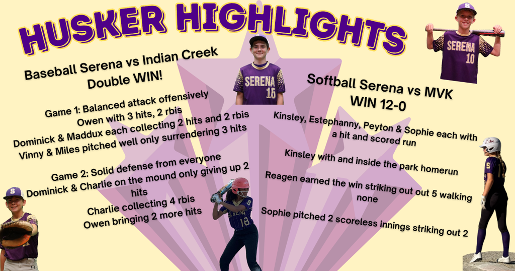 Purple stars on yellow background telling Baseball and Softball Highlights of Aug 18th Games