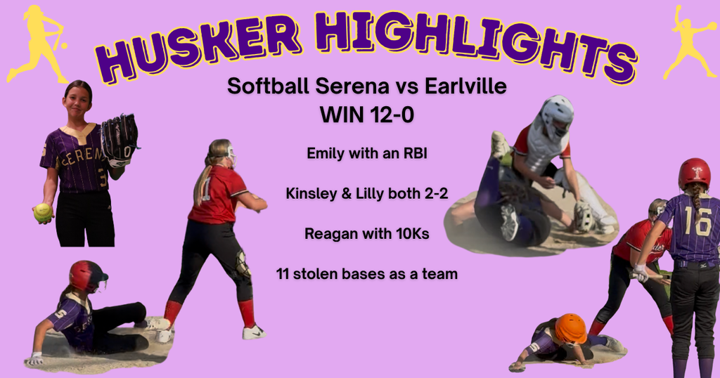 Purple background with softball silhouettes and pictures from game