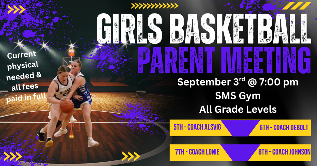 Girls on Basketball court backdrop announcing parent meeting.