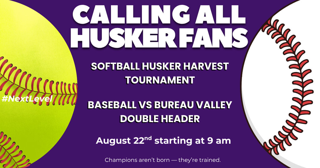 Purple background with baseball and softball announcement
