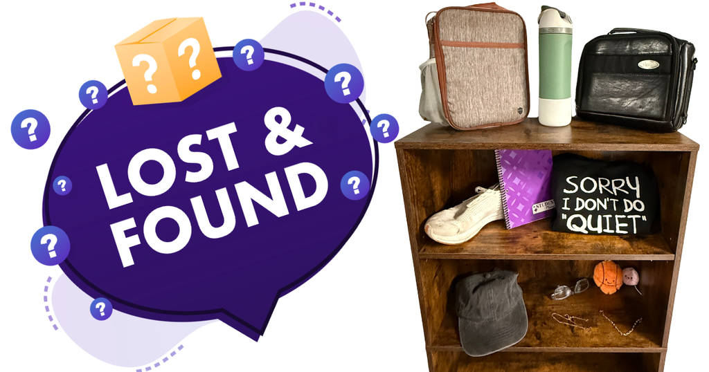 Lost & Found Shelves with hat, shoe, shirt, lunch boxes, water bottle, jewelry accessories