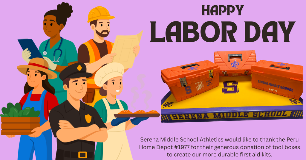 Laborers with purple background and Home Depot tool boxes turned into first aid kits
