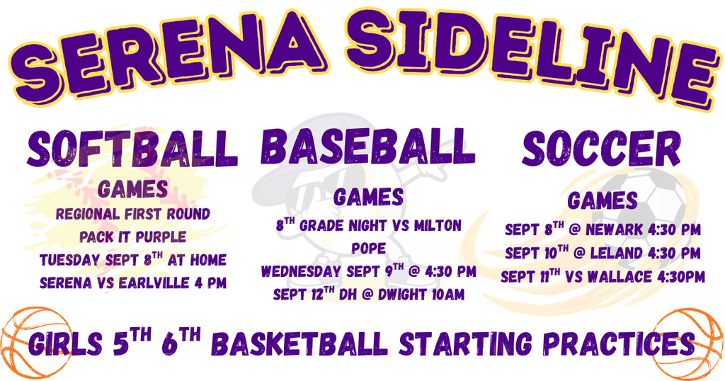 Sport Schedule with softball, baseball guy, fire soccer ball and outlined basketballs