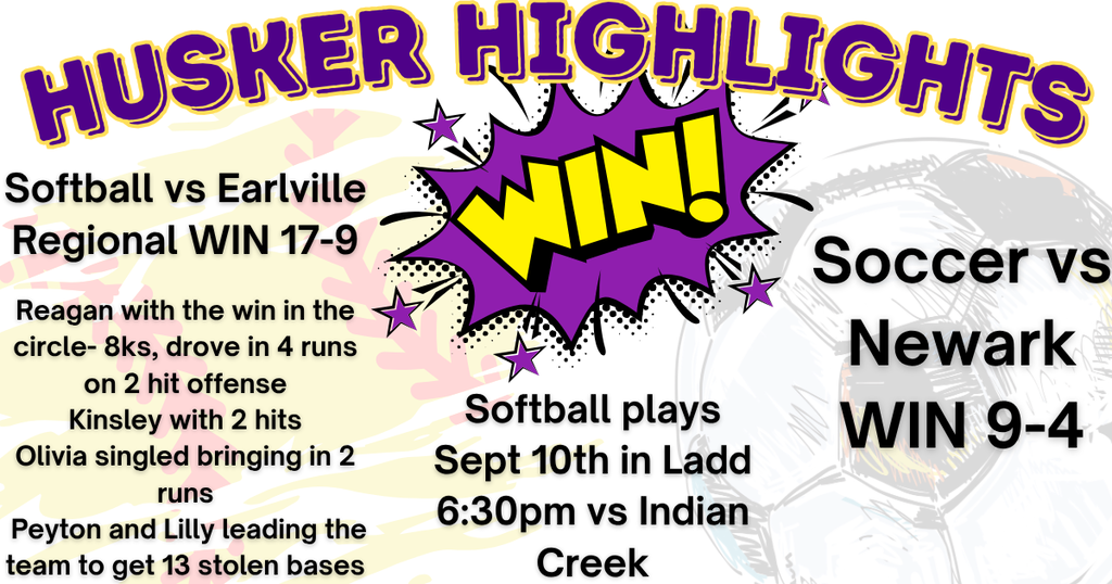 game highlights with softball and soccer ball in background and Win pop art