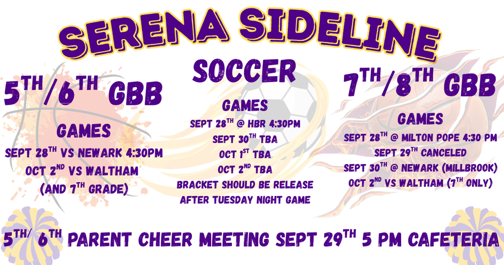 Serena Sideline weekly schedule images of basketballs, soccer and pom poms