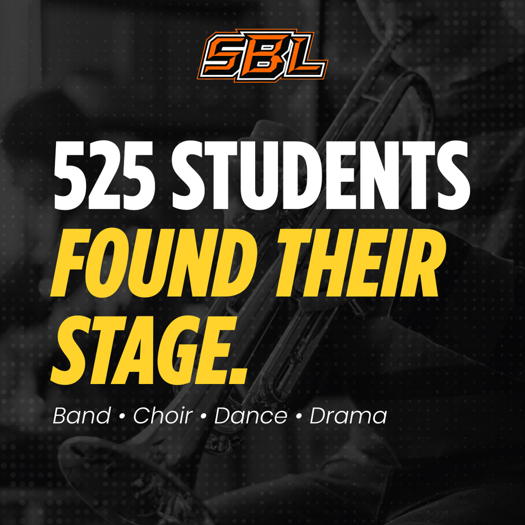 A graphic set on a black and white image of a student playing  a trumpet. Overlayed on top is the SB-L logo with text reading: "525 students found their stage." in all caps. Below is a subheading reading: "band, choir, dance, drama" separated by bullet point.