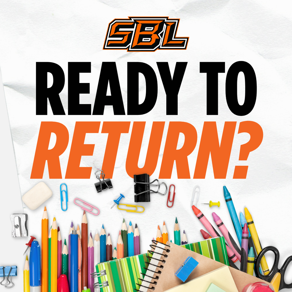 An image with the SB-L logo at the top, in the middle it reads "Ready to Return", school supplies cover the bottom of the image. The background features a white paper texture.