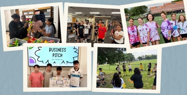 students in classroom activities business pitch outdoor games collage