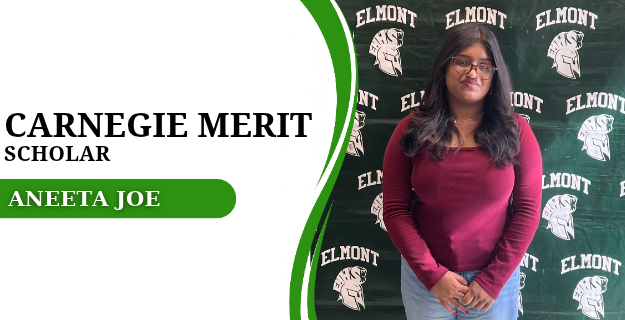 Carnegie Merit Scholar Aneeta Joe stands in front of an Elmont backdrop.