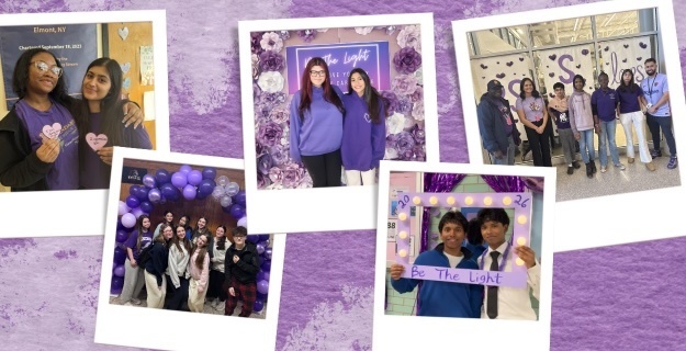 A collage of photos featuring people in purple-themed settings. Smiling individuals are dressed in purple, surrounded by balloons and floral backdrops. The mood is vibrant and joyful, promoting unity and positivity.