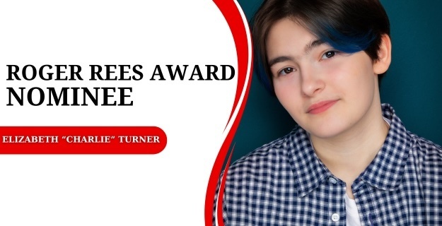 Portrait of Elizabeth 'Charlie' Turner, Roger Rees Award nominee, showcasing a youthful expression with a stylish plaid shirt.