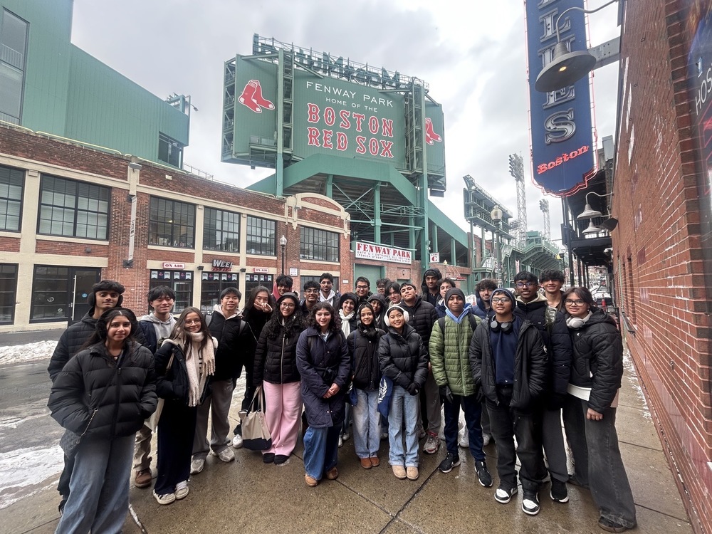 Students standing outside Boston Red Sox stadium.