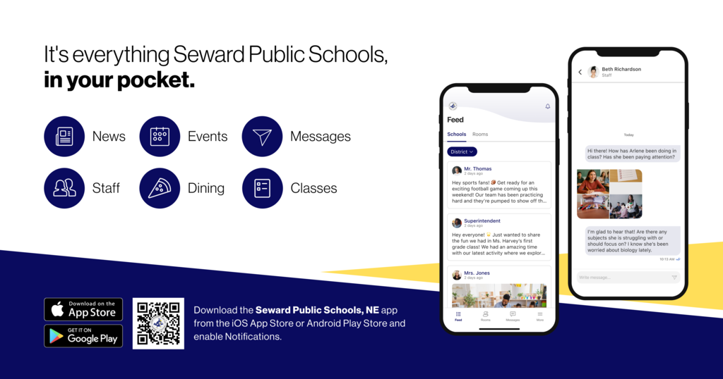 Seward Public Schools has a NEW app! Download it in the App Store or Google Play to stay connected.