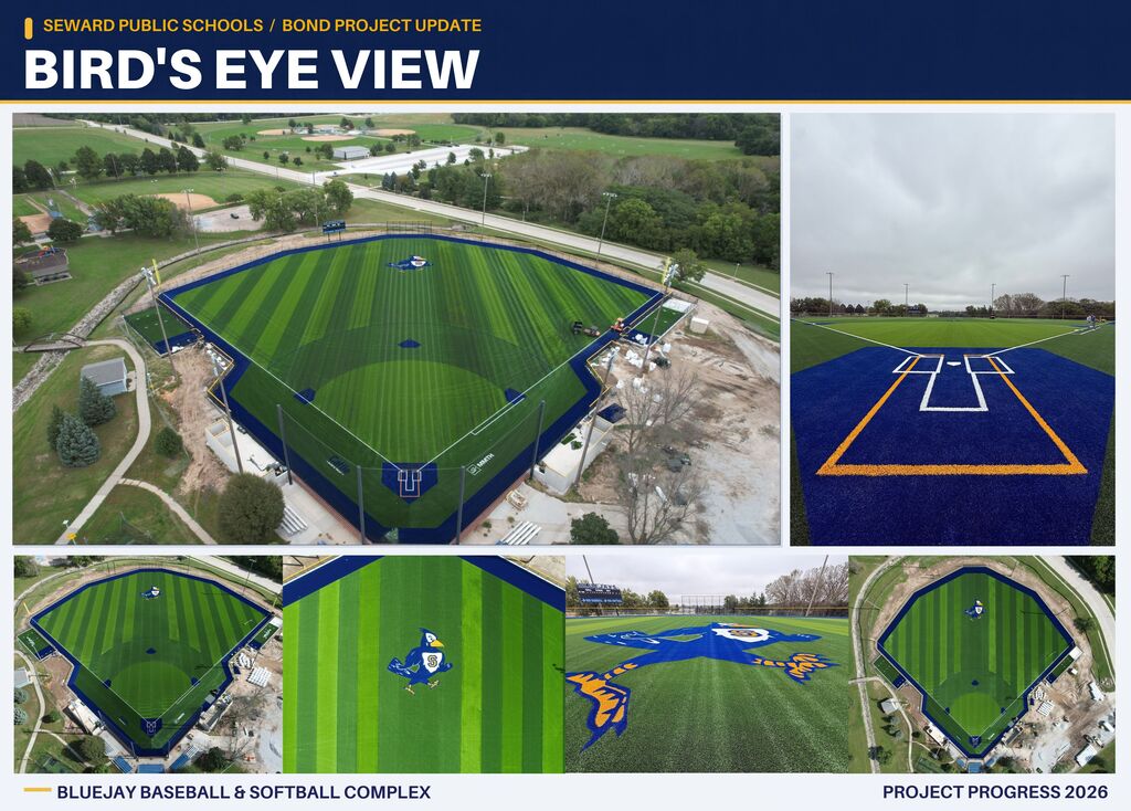 Turf installation at the Bluejay baseball and softball complex is complete, with work on the surrounding areas continuing.
