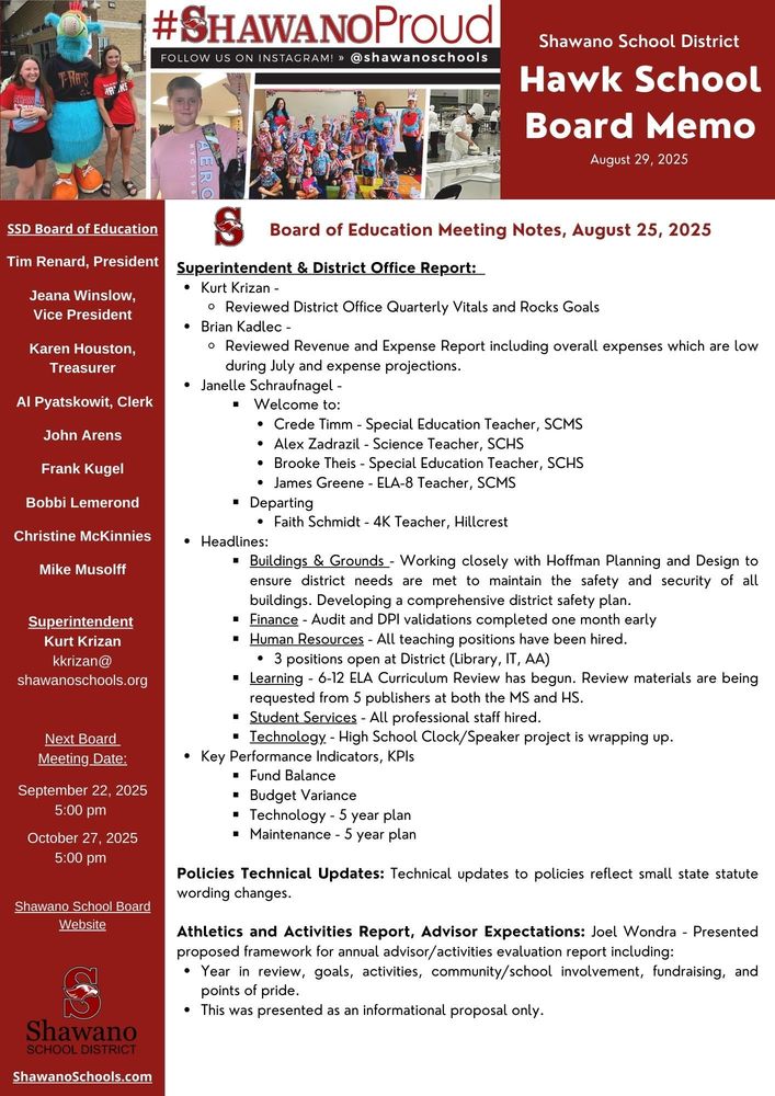 August 2025 Hawk Board Memo