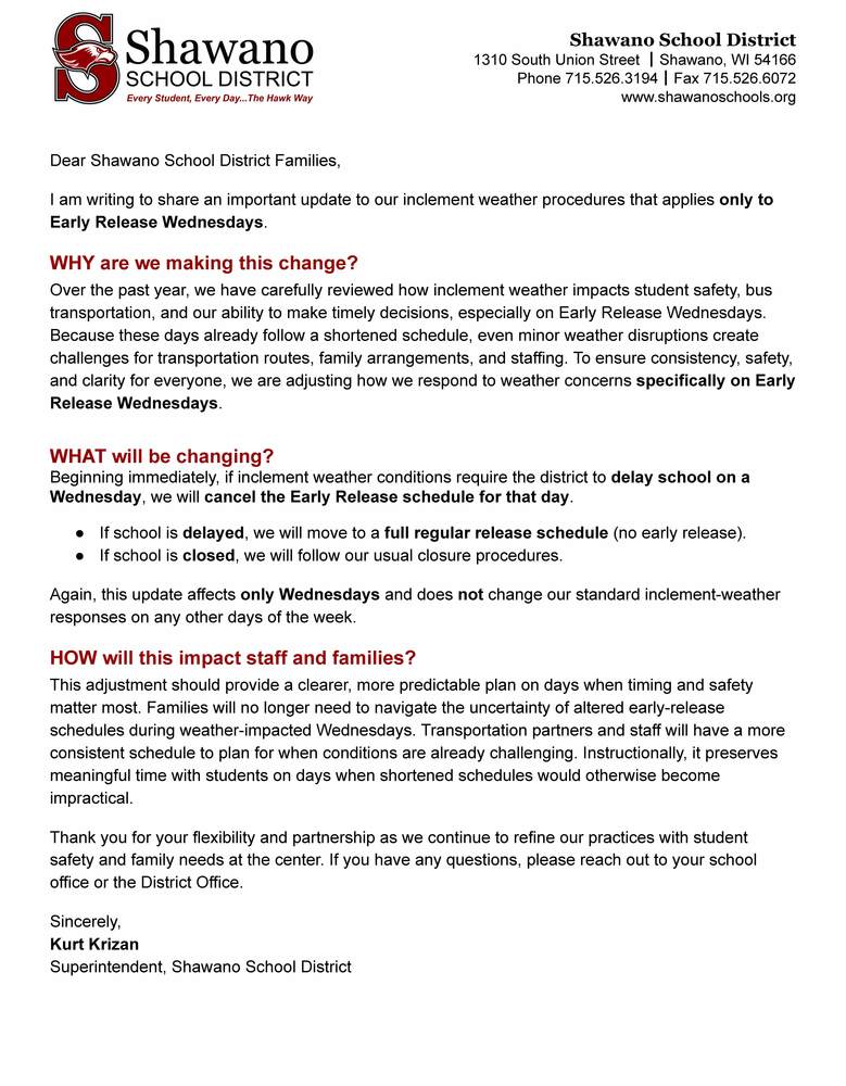 Inclement Weather & Early Release Wednesdays