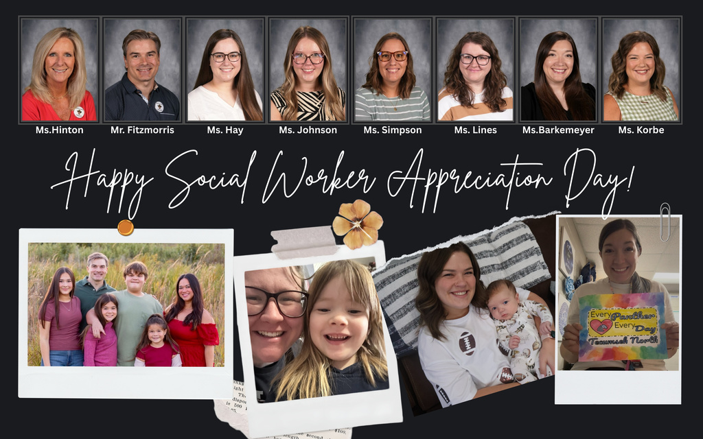 Collage celebrating Social Worker Appreciation Day featuring eight Shawnee Heights social workers’ headshots and personal photos with families and children.