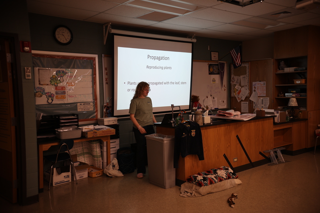 Student presents a lesson on plant propagation at the front of a classroom, guiding staff through content as part of a student-led professional development session.