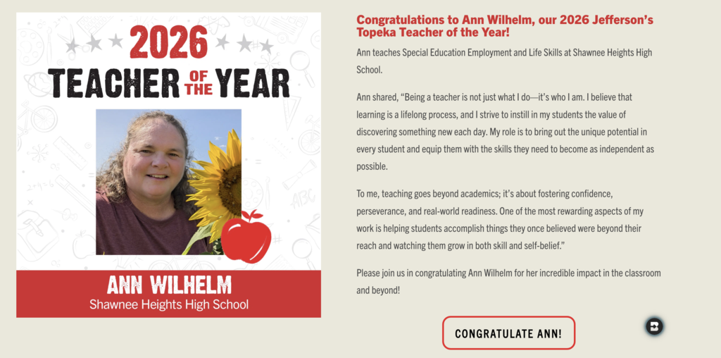 2026 Jefferson's Topeka teacher of the year winner - Ann Willhelm