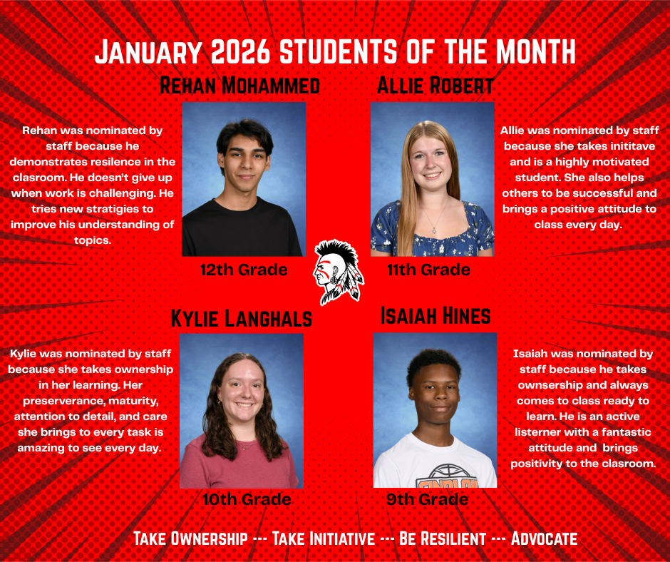 Red background with four students pictures and great news about each student.