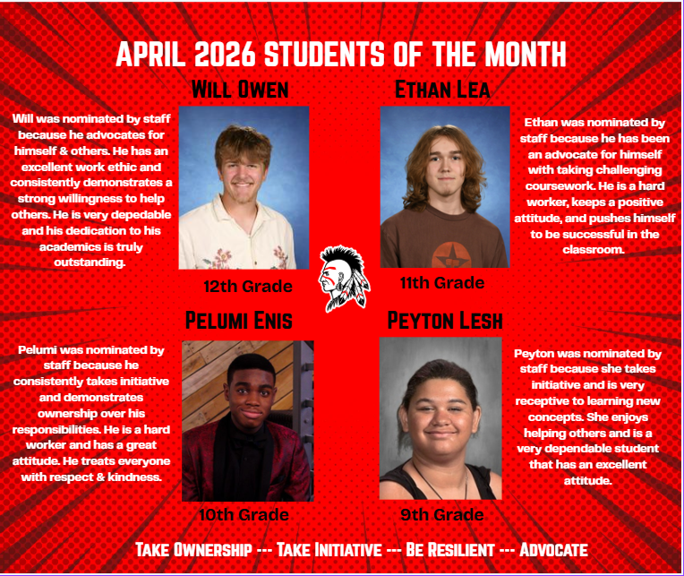 Red background with four students pictures and great news about each student.