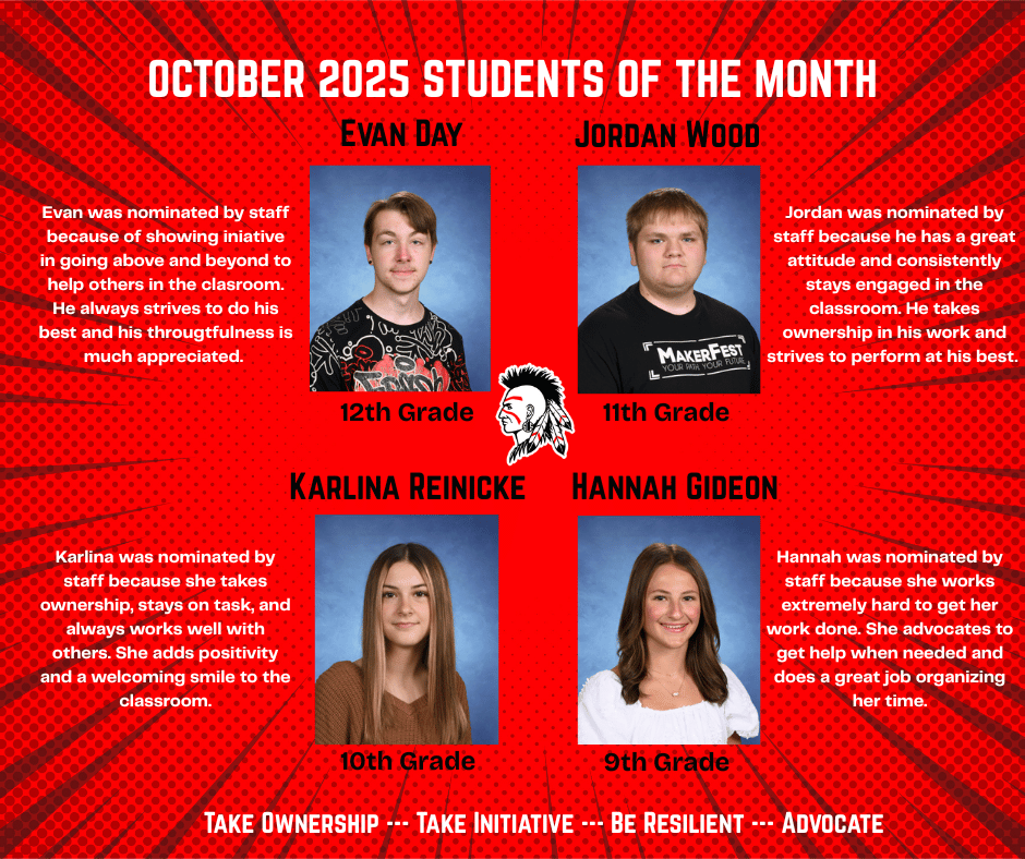 Red background with four student of the month pictures and description of why they were nominated.