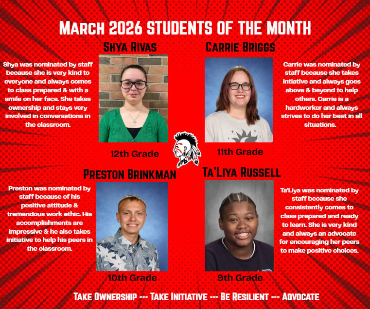 Red background with four students pictures and great news about each student.