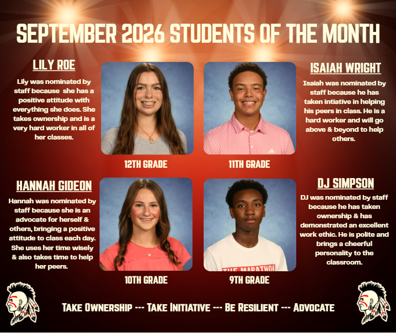 Red/Black background with four student pictures.
