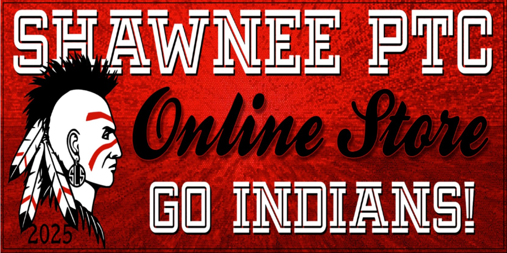 Shawnee PTC Online Store with Shawnee Indian head logo. GO INDIANS