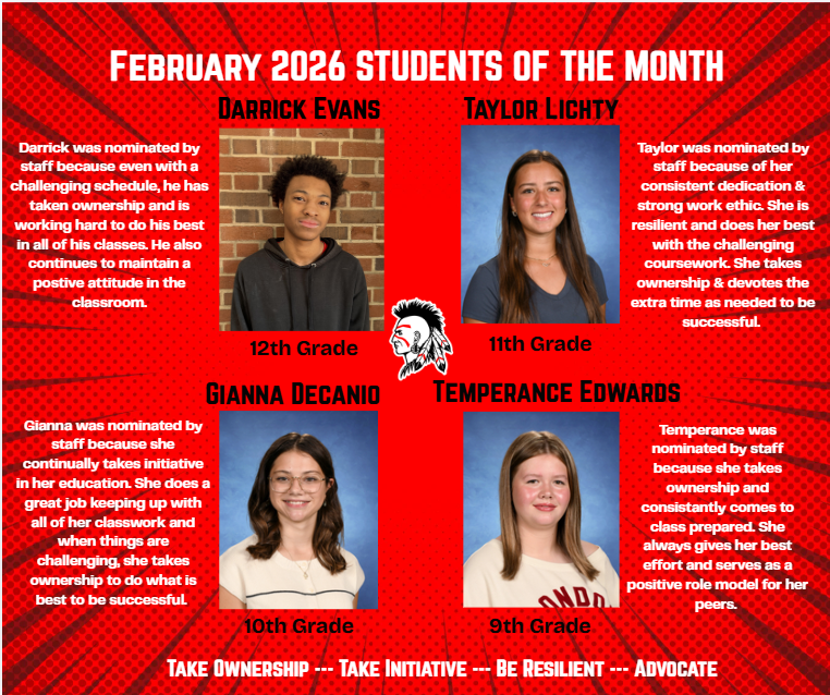 Red background with four students pictures and great news about each student.