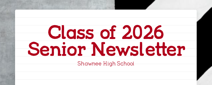 Black, white, and grey geometric shapes with red lettering that reads class of 2026 senior newsletter