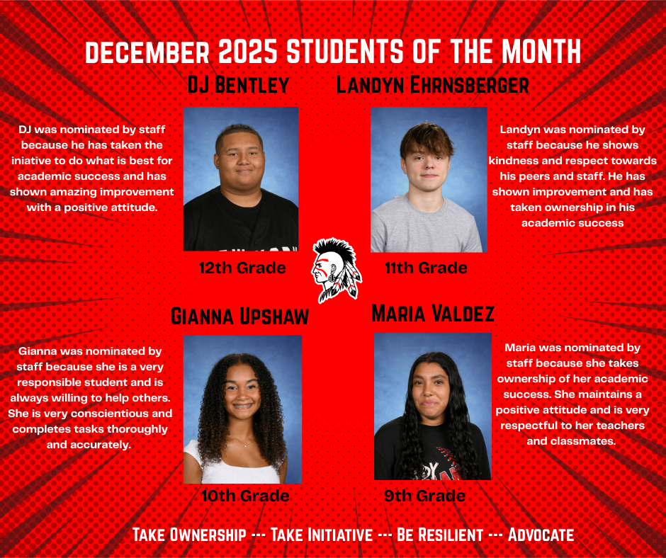 Red background with four students pictures and great news about each student.