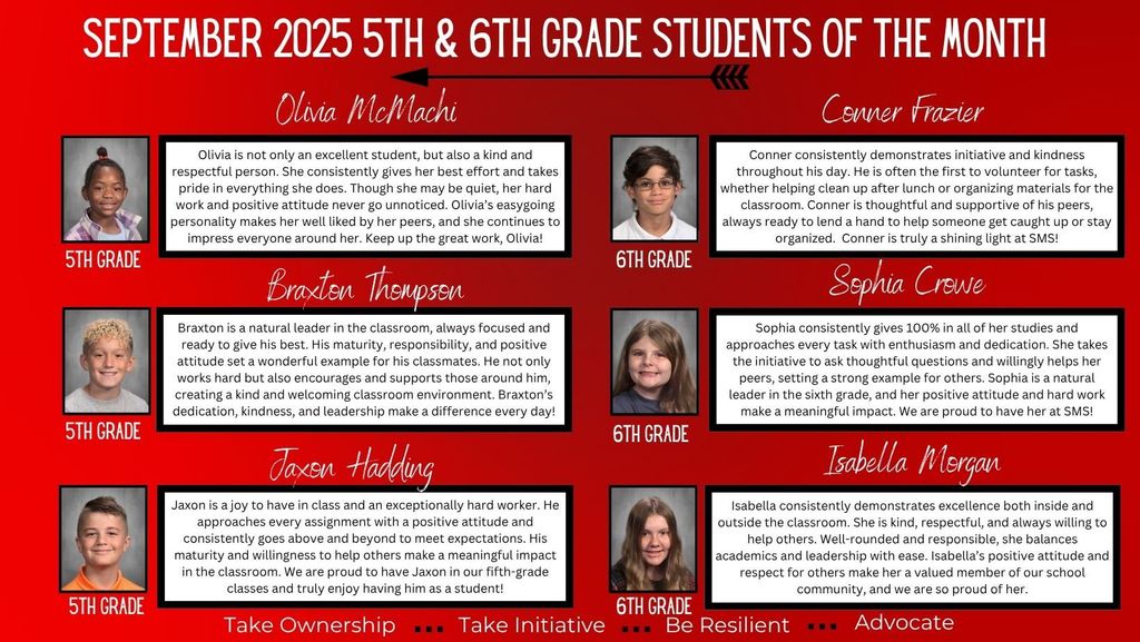 Sept 2025 5th & 6th Students of the Month