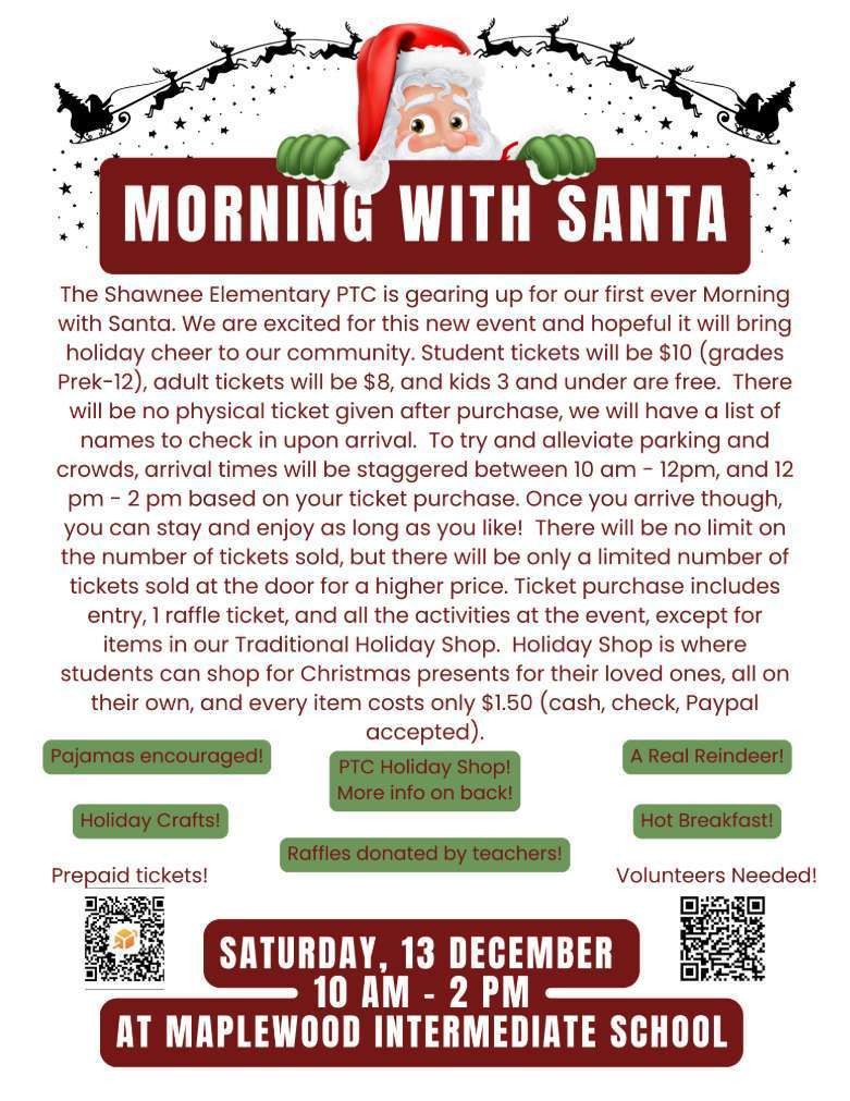 PTC Morning with Santa Saturday December 13th 10AM-2Pm at Maplewood