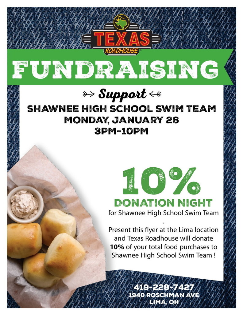 Blue jeans background, picture of dinner rolls in basket, with green and white inlets detailing information about the fundraiser