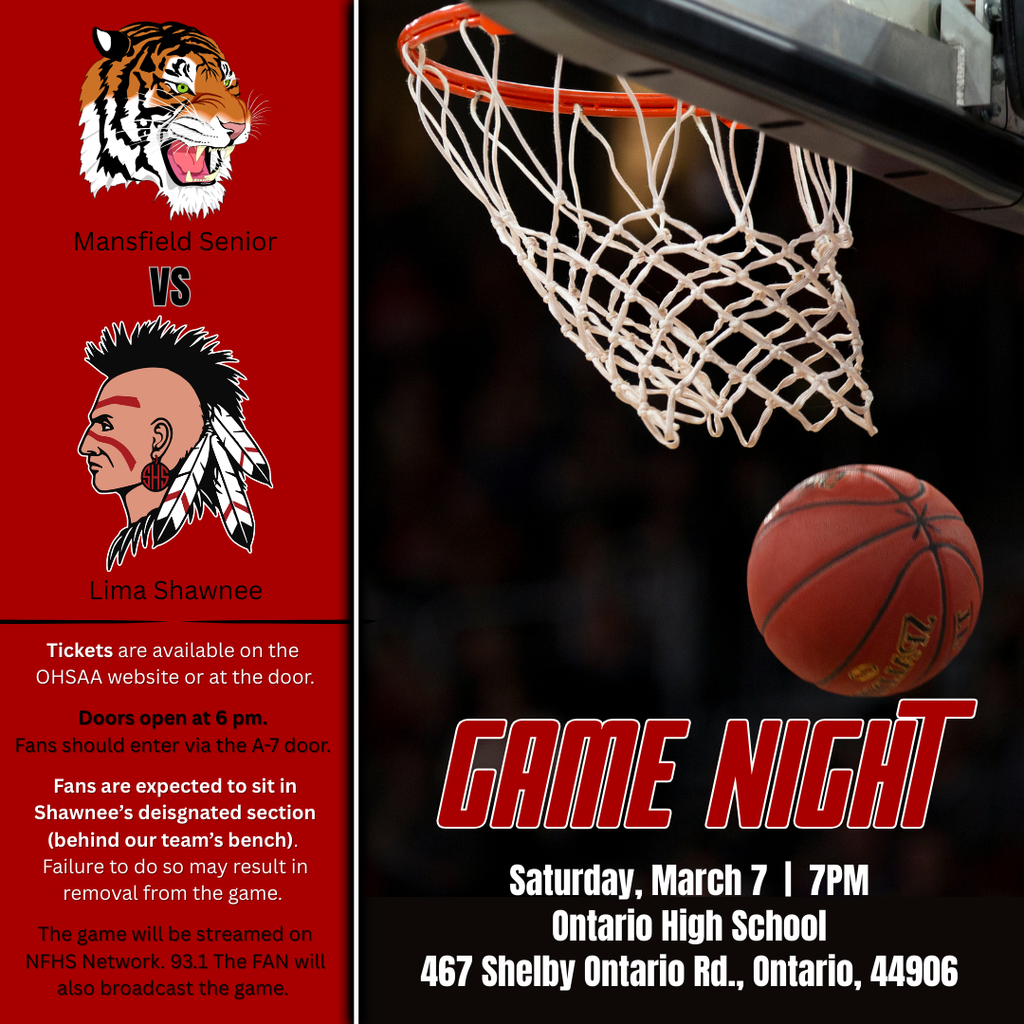 Boys Bball @ Ontario with specific game information. Call 419-998-8005 for additional info.