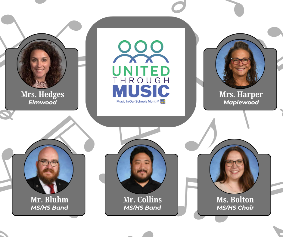 united through music graphic with photos of music teachers