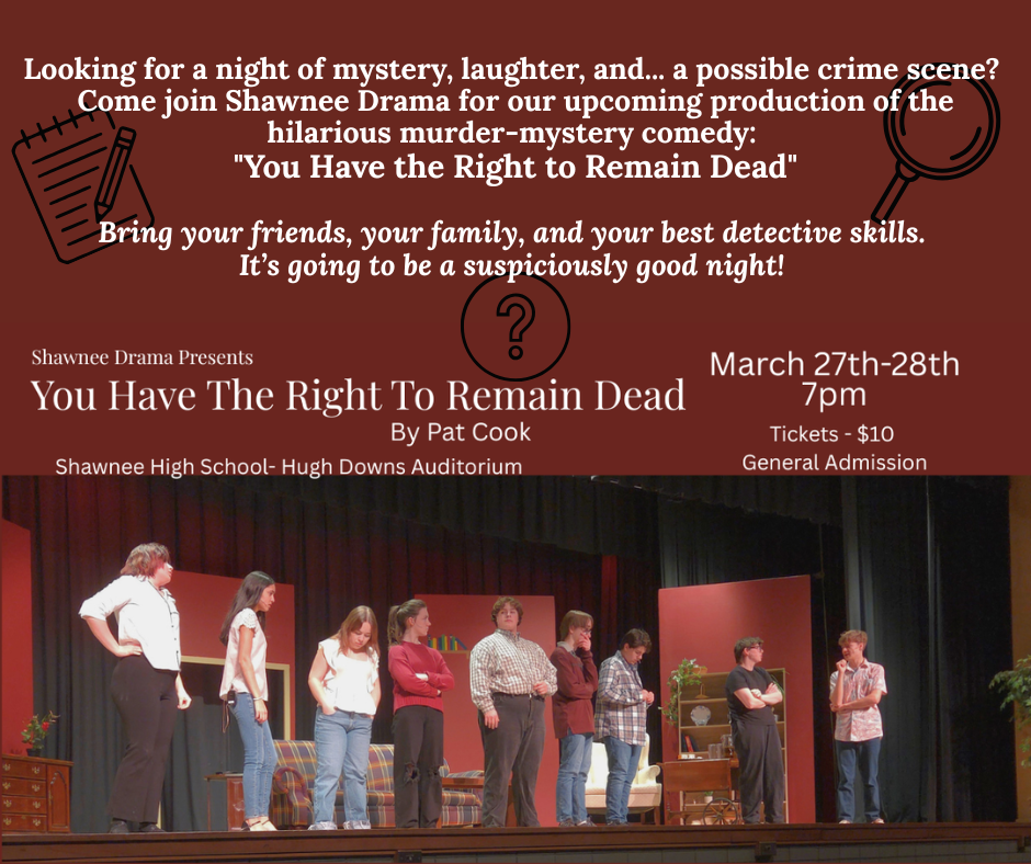 Maroon background with white text and a picture of 9 students on stage in front of a couch and bookshelf and other furniture